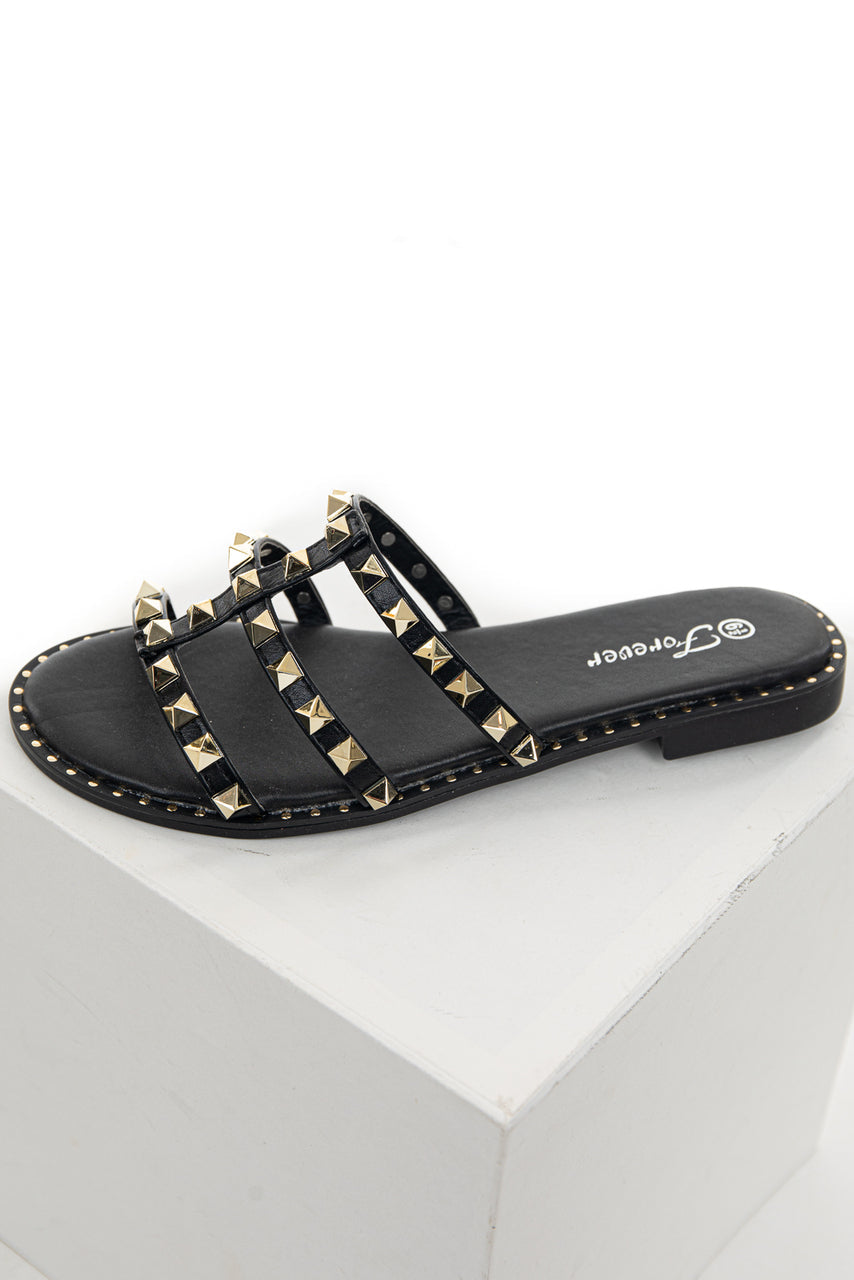 Black Low Heel Sandals with Gold Stud and Bead Details 