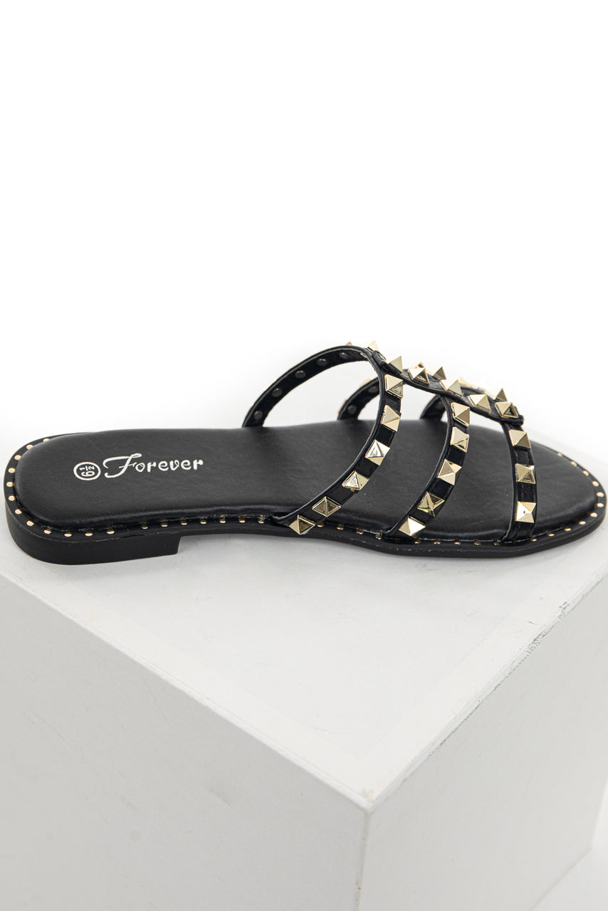 Black Low Heel Sandals with Gold Stud and Bead Details 