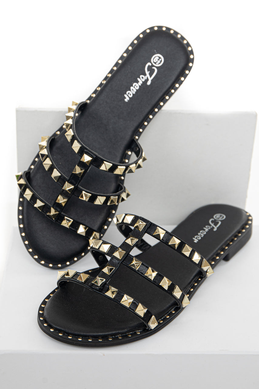 Black Low Heel Sandals with Gold Stud and Bead Details 
