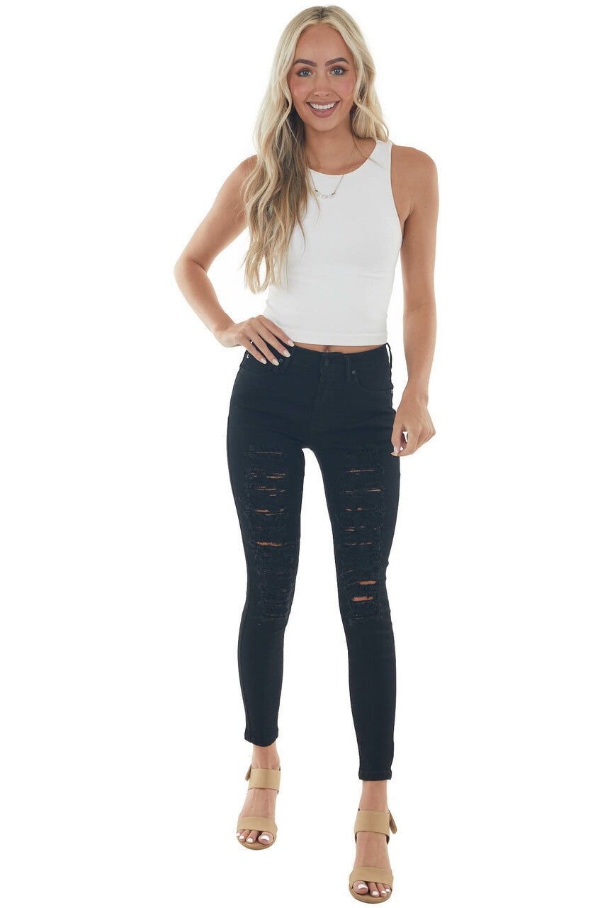 Black Mid Rise Distressed Ladder Cut Out Jeans