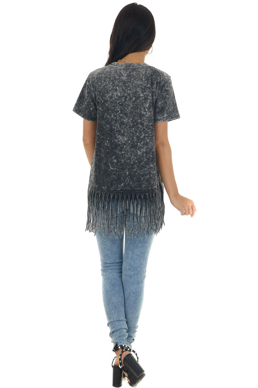 Black Mineral Washed Short Sleeve Knit Top with Fringed Hem