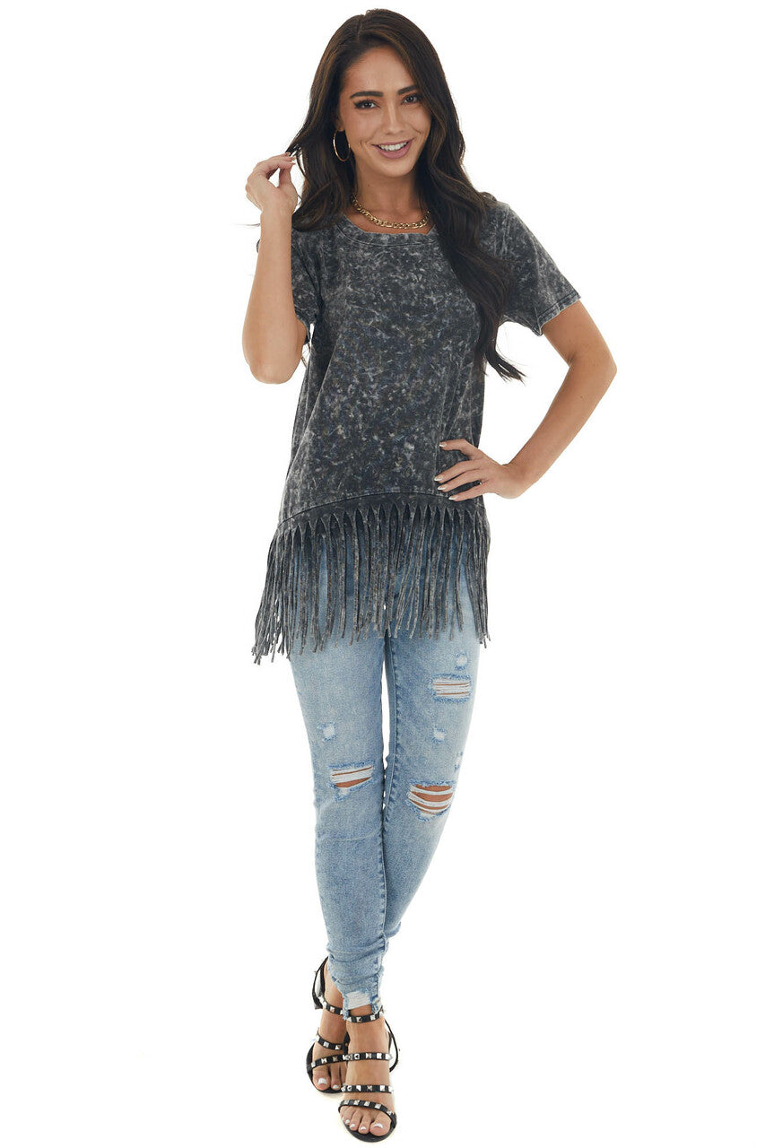 Black Mineral Washed Short Sleeve Knit Top with Fringed Hem