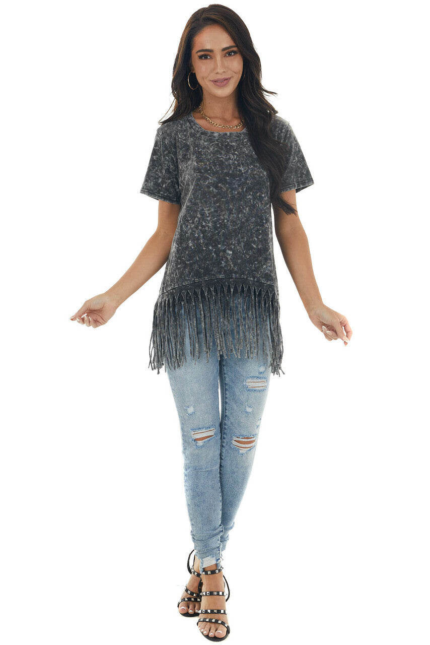 Black Mineral Washed Short Sleeve Knit Top with Fringed Hem