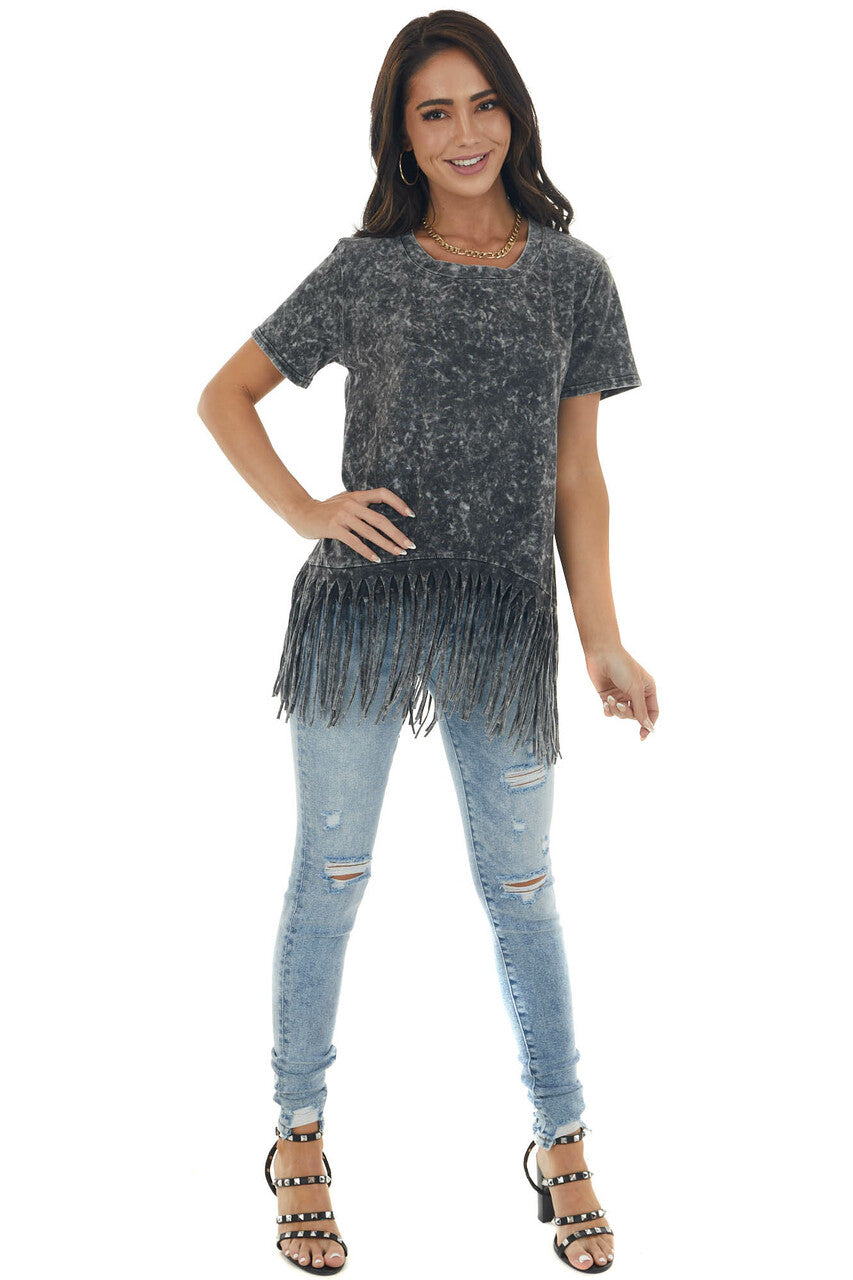 Black Mineral Washed Short Sleeve Knit Top with Fringed Hem