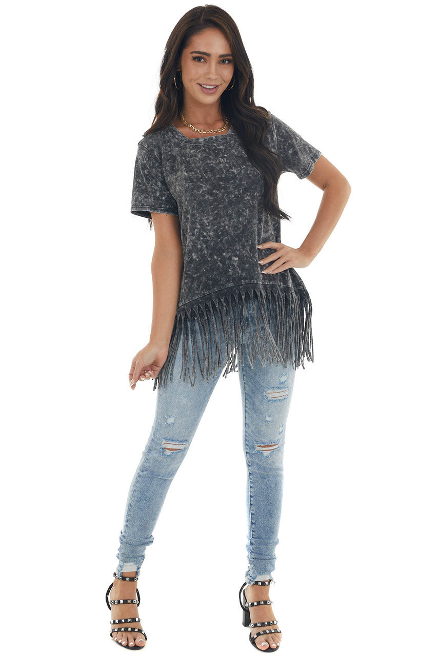 Black Mineral Washed Short Sleeve Knit Top with Fringed Hem