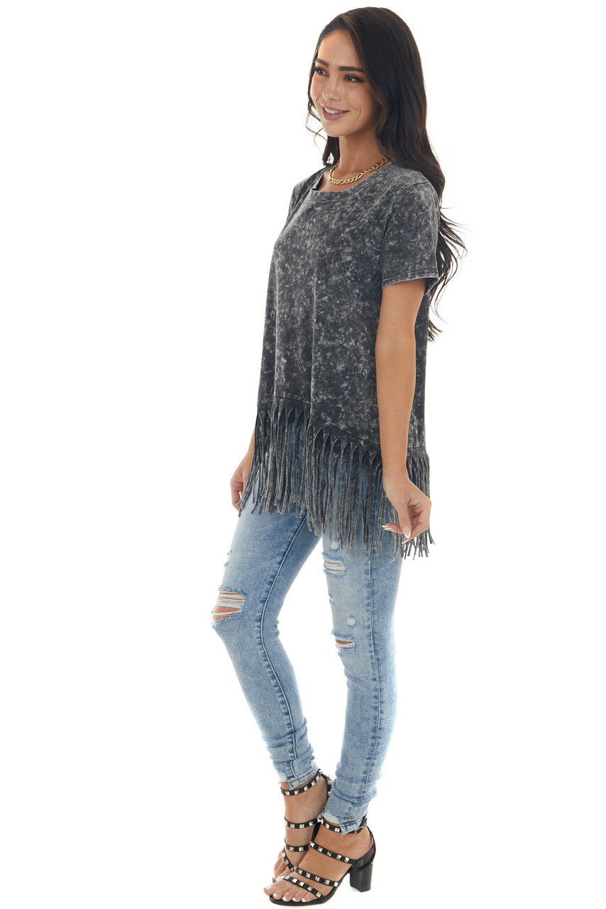 Black Mineral Washed Short Sleeve Knit Top with Fringed Hem