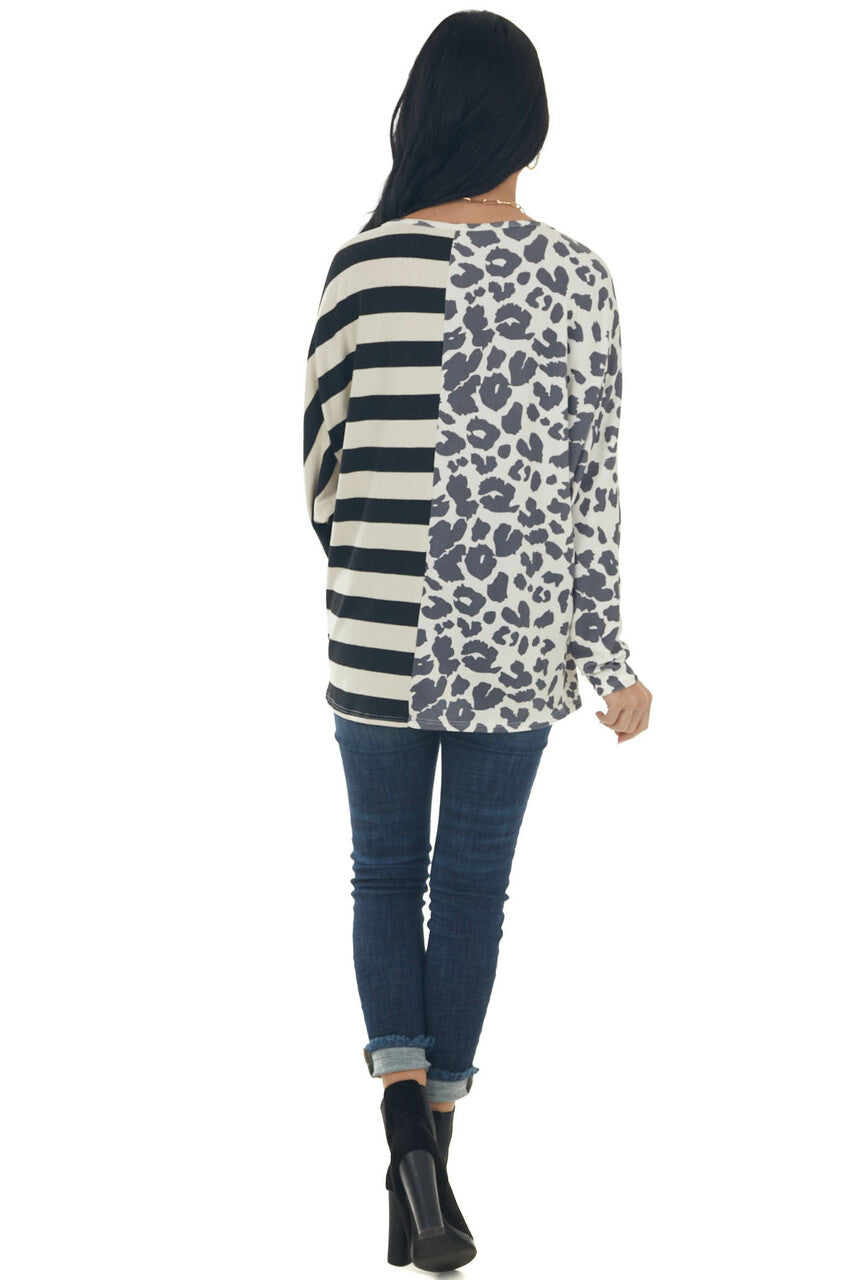 Black Multiprint Crochet Lace Brushed Knit Top 