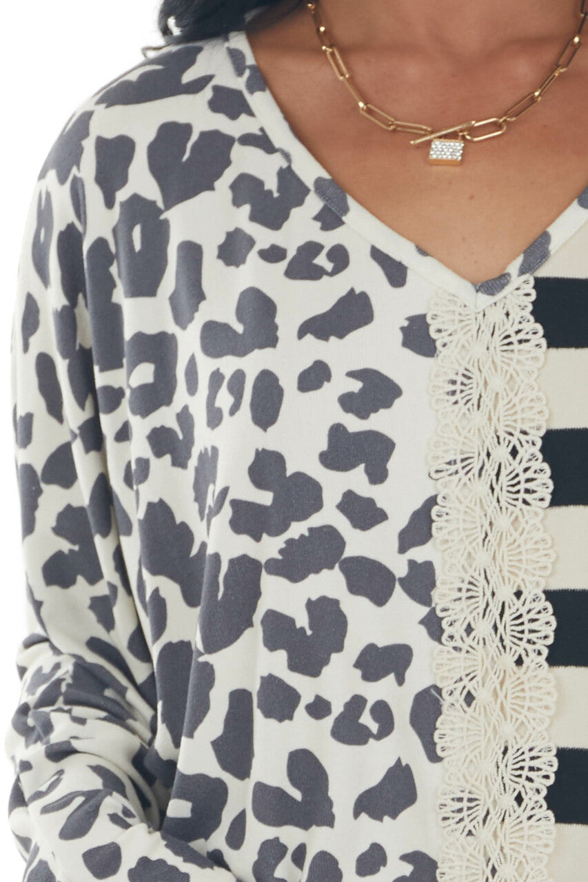 Black Multiprint Crochet Lace Brushed Knit Top 