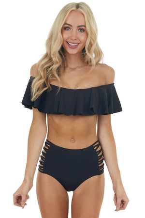 Black Off Shoulder Bikini Set with Strappy Details