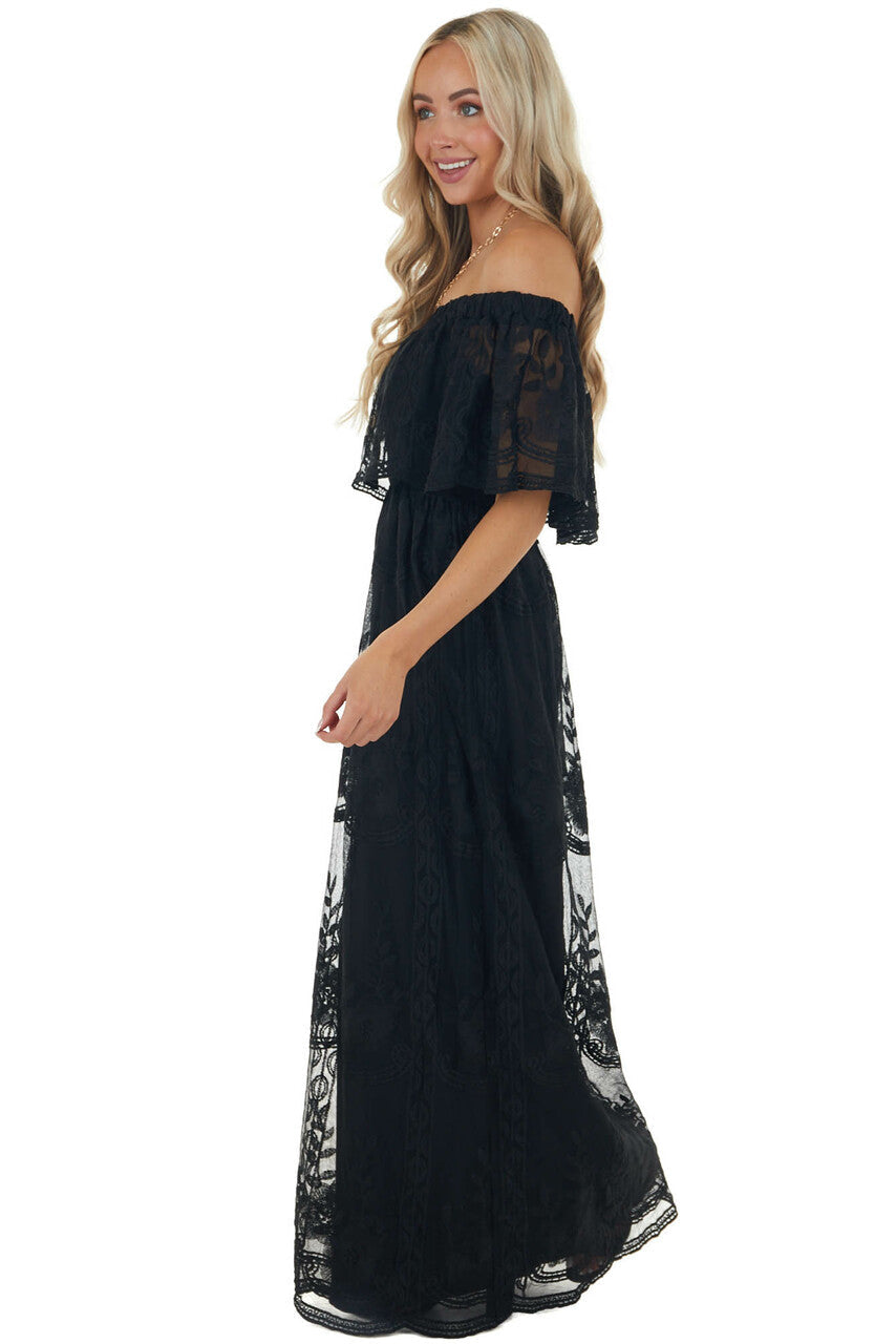 Black Off Shoulder Floral Lace Overlay Maxi Dress 