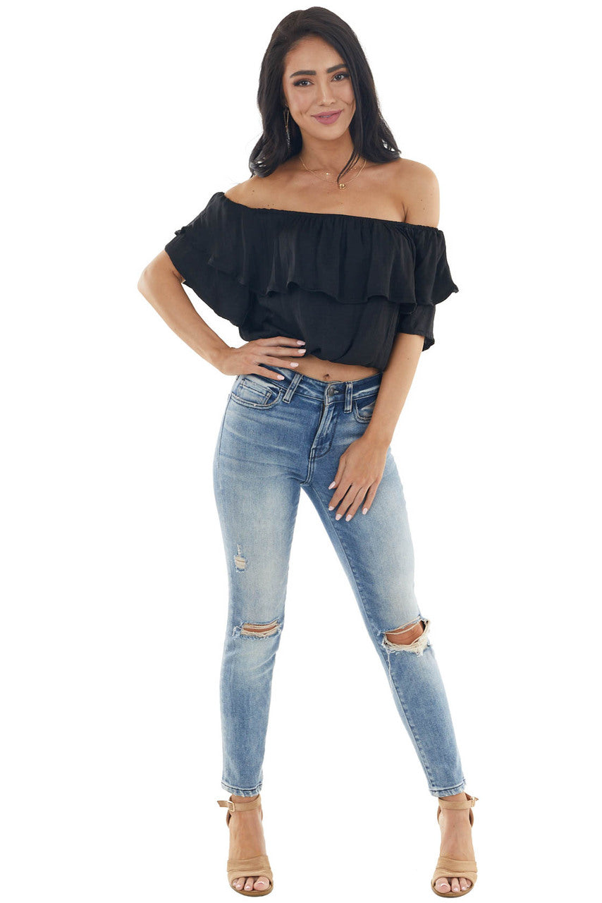 Black Off the Shoulder Short Sleeve Overlaying Crop Top 