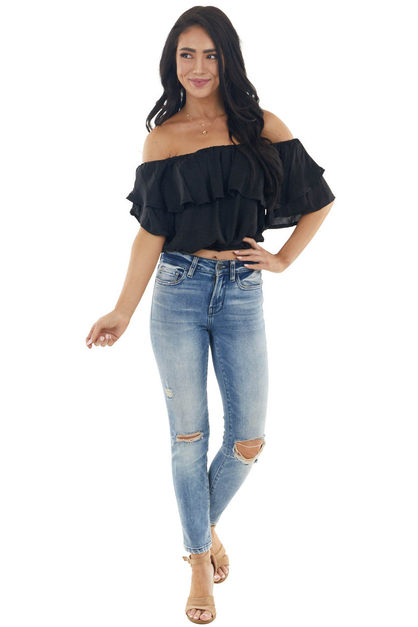 Black Off the Shoulder Short Sleeve Overlaying Crop Top 