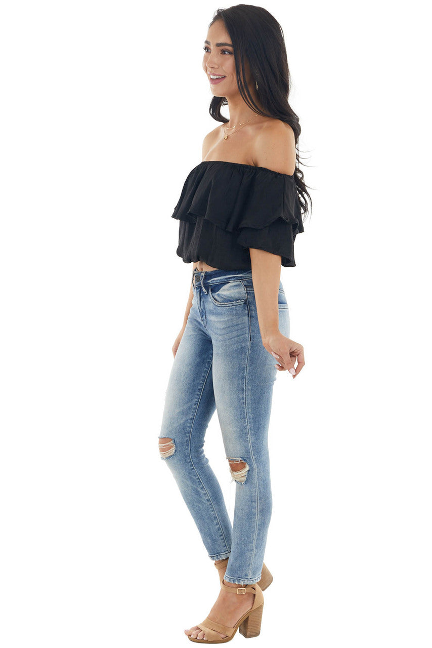 Black Off the Shoulder Short Sleeve Overlaying Crop Top 