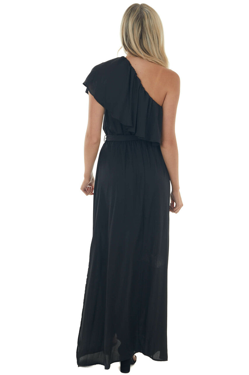 Black One Shoulder Ruffle Overlay Maxi Dress