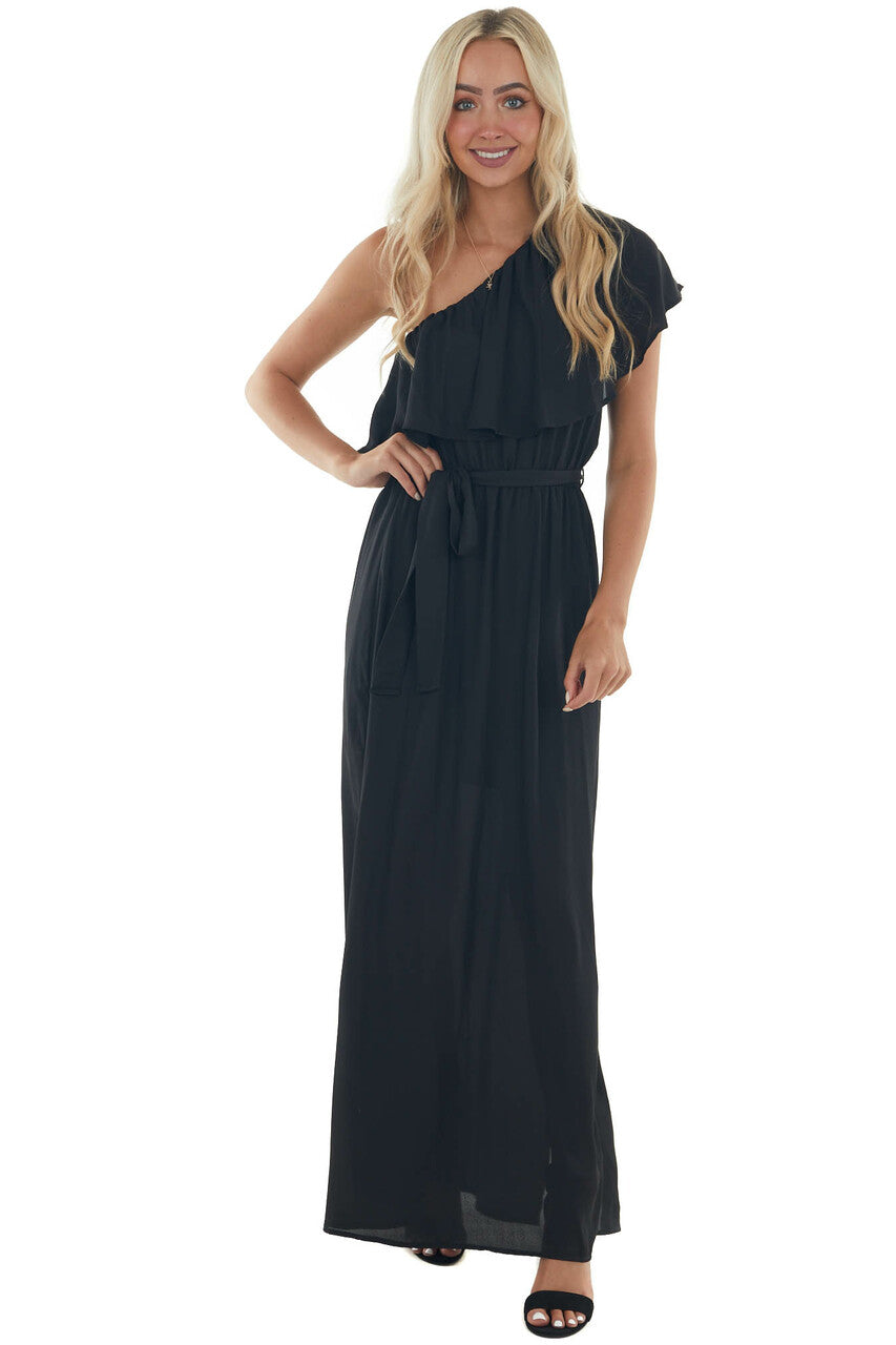 Black One Shoulder Ruffle Overlay Maxi Dress