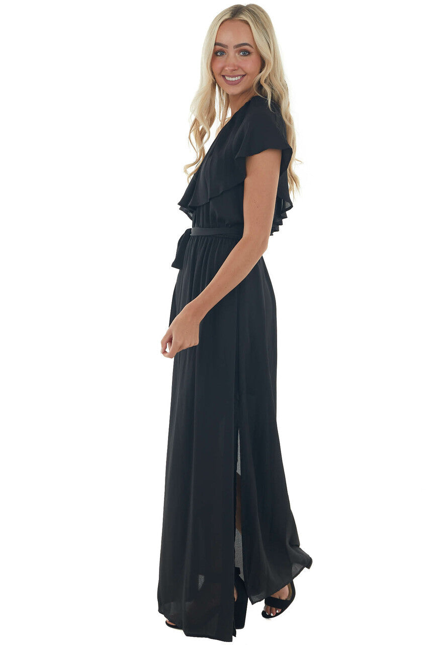 Black One Shoulder Ruffle Overlay Maxi Dress