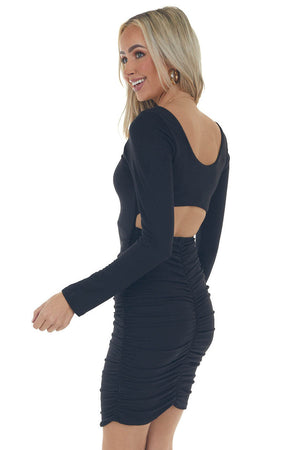 Black Open Back Ruched Bodycon Knit Dress