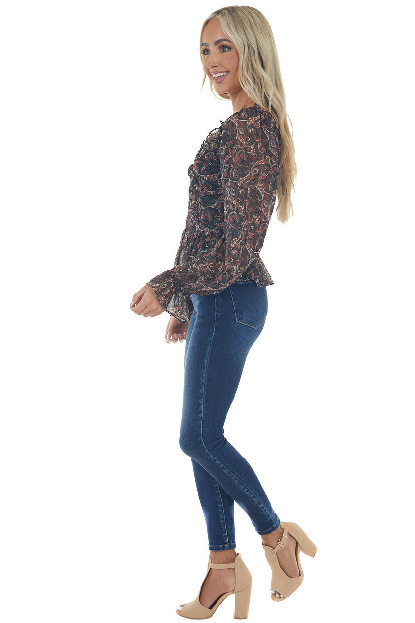 Black Paisley Print Smocked Back Peplum Blouse