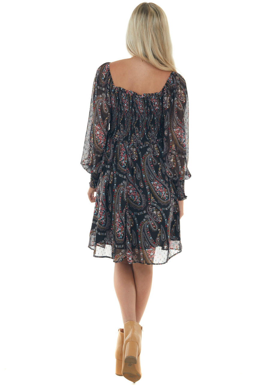 Black Paisley Print Smocked Woven Short Dress