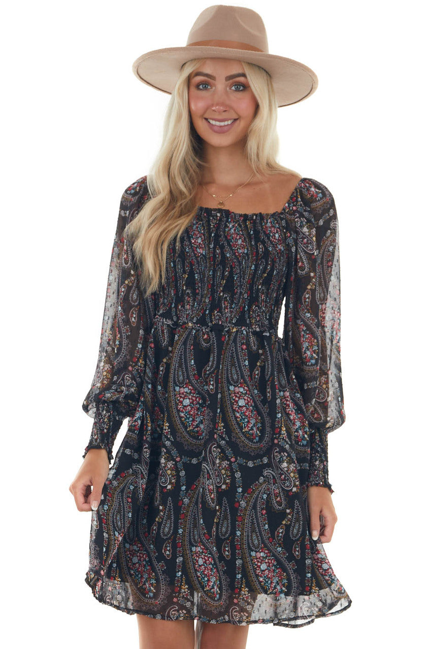 Black Paisley Print Smocked Woven Short Dress
