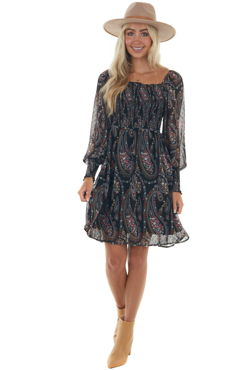 Black Paisley Print Smocked Woven Short Dress