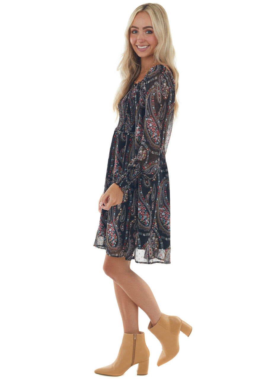 Black Paisley Print Smocked Woven Short Dress