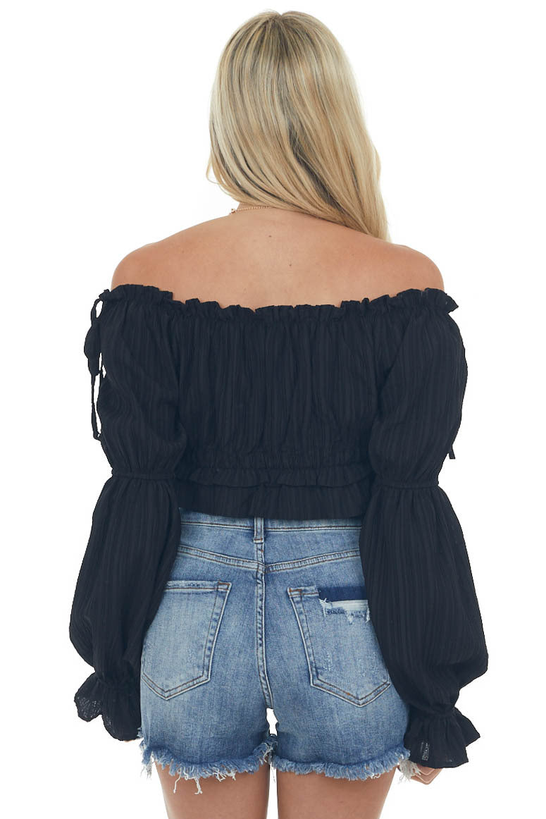 Black Peasant Sleeve Ruffle Crop Top 