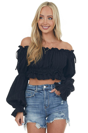Black Peasant Sleeve Ruffle Crop Top 