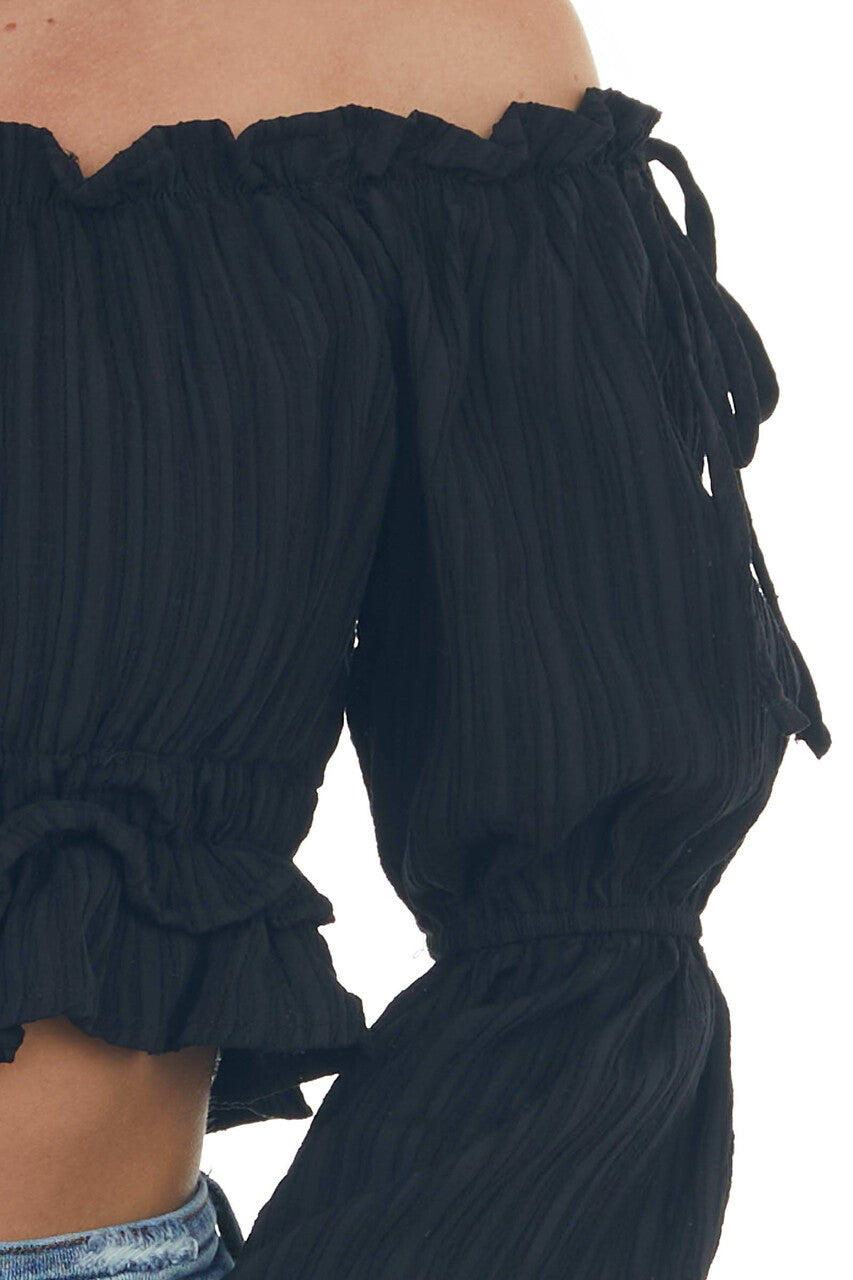 Black Peasant Sleeve Ruffle Crop Top 
