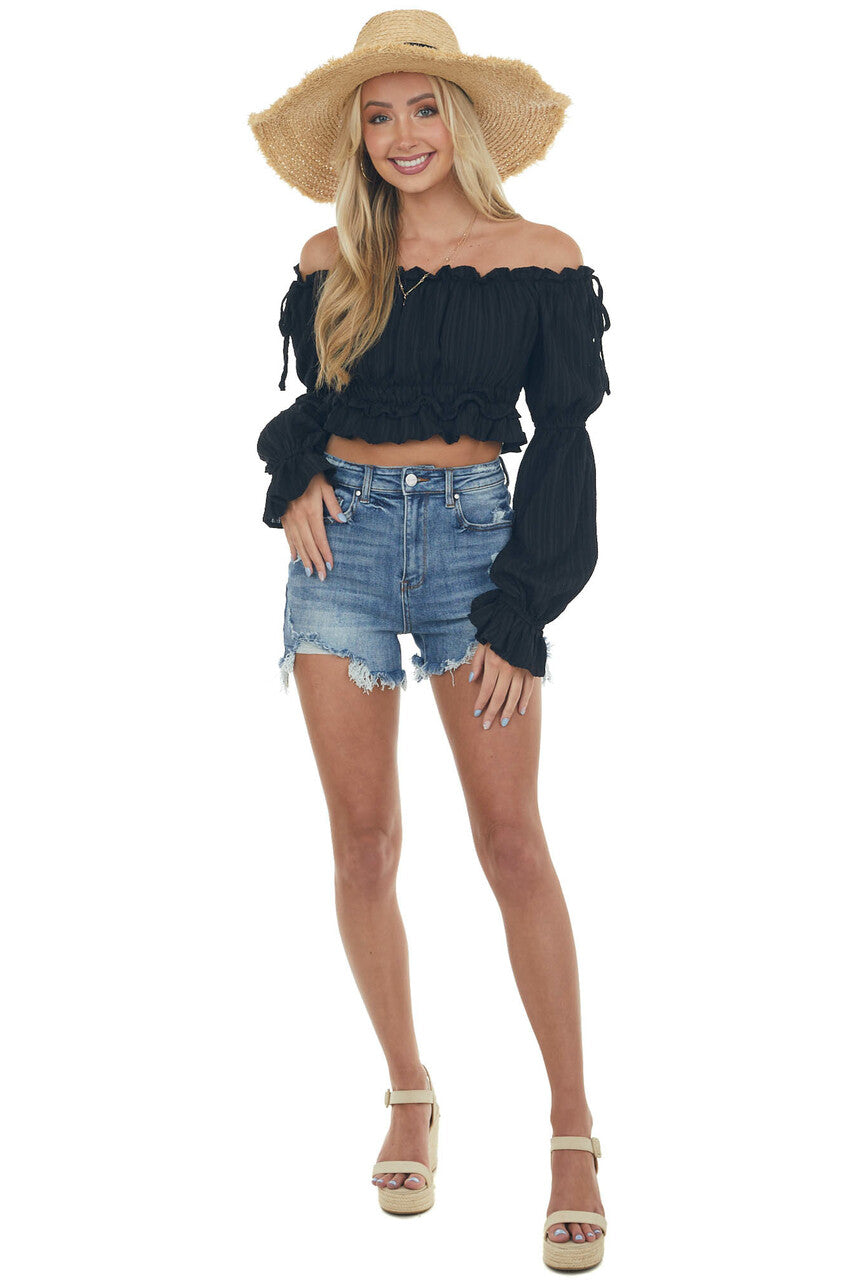 Black Peasant Sleeve Ruffle Crop Top 