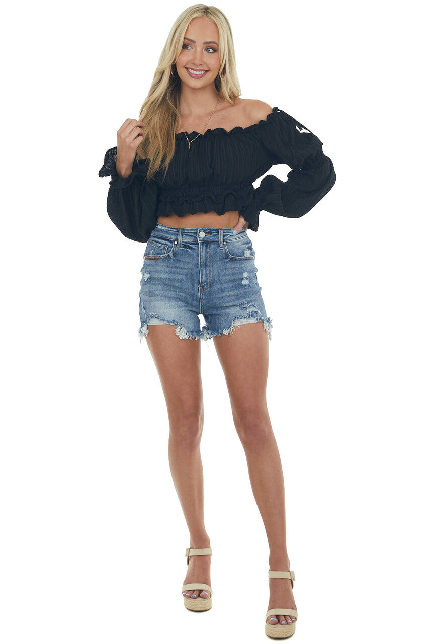 Black Peasant Sleeve Ruffle Crop Top 