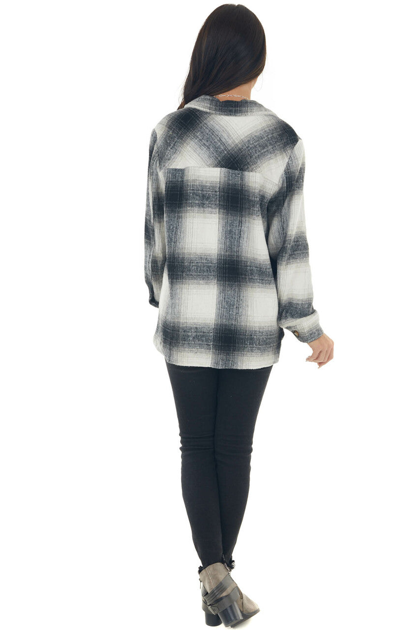 Black Plaid Button Down Brushed Shirt Jacket 