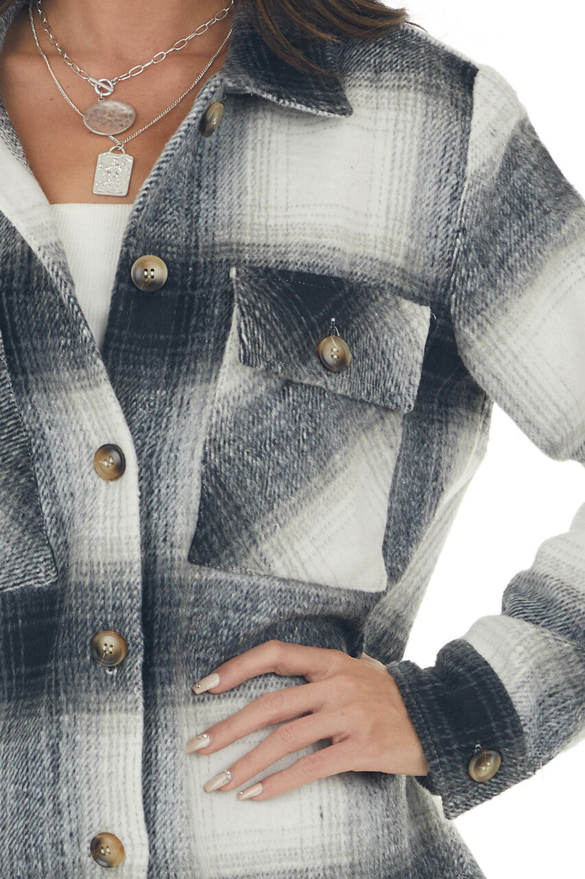 Black Plaid Button Down Brushed Shirt Jacket 