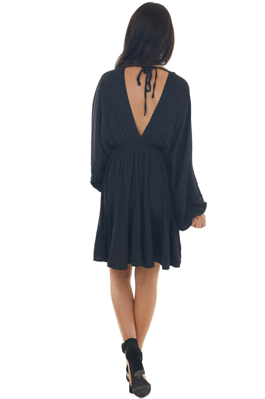 Black Pleated Bubble Sleeve V Neck Short Dress