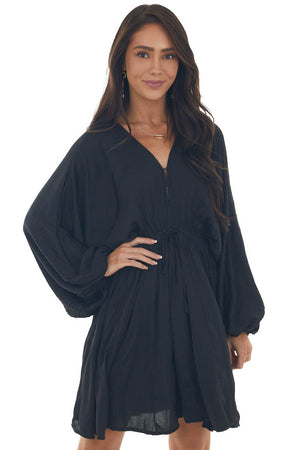 Black Pleated Bubble Sleeve V Neck Short Dress