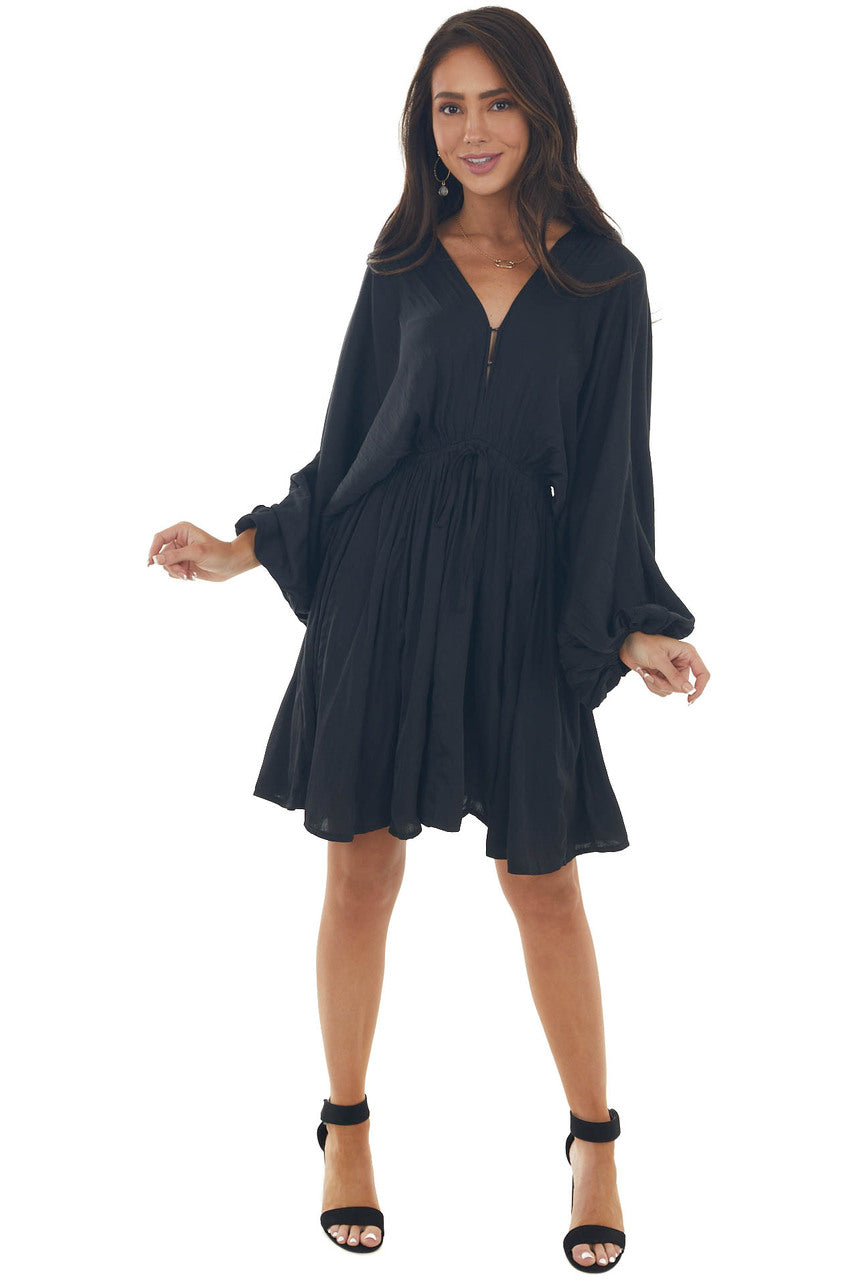 Black Pleated Bubble Sleeve V Neck Short Dress