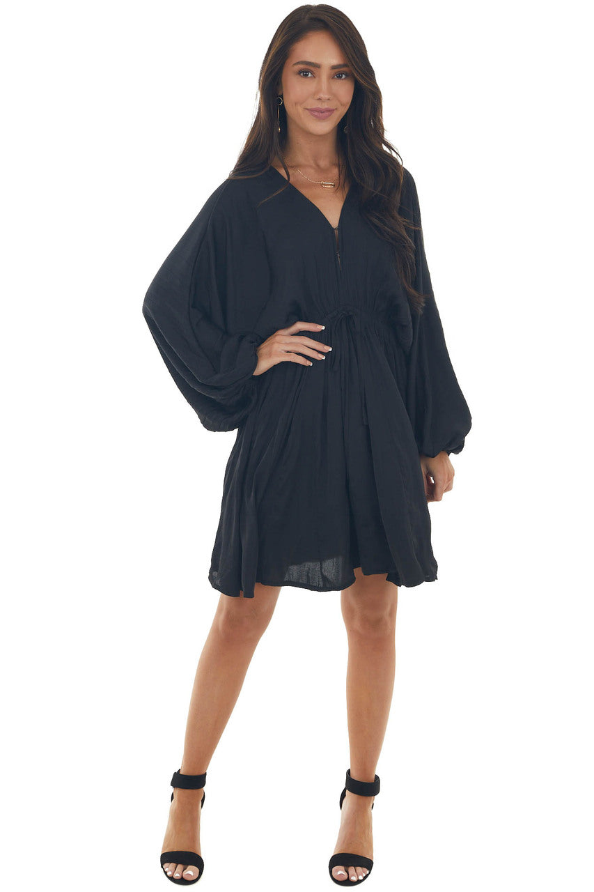 Black Pleated Bubble Sleeve V Neck Short Dress