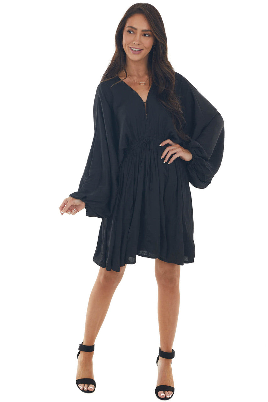 Black Pleated Bubble Sleeve V Neck Short Dress