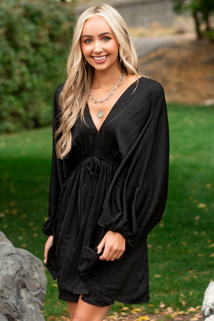 Black Pleated Bubble Sleeve V Neck Short Dress