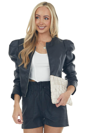 Black Pleather Puff Sleeve Zip Up Jacket 