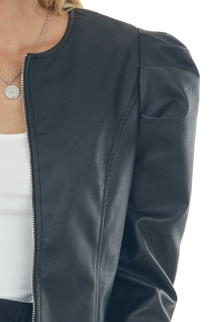 Black Pleather Puff Sleeve Zip Up Jacket 