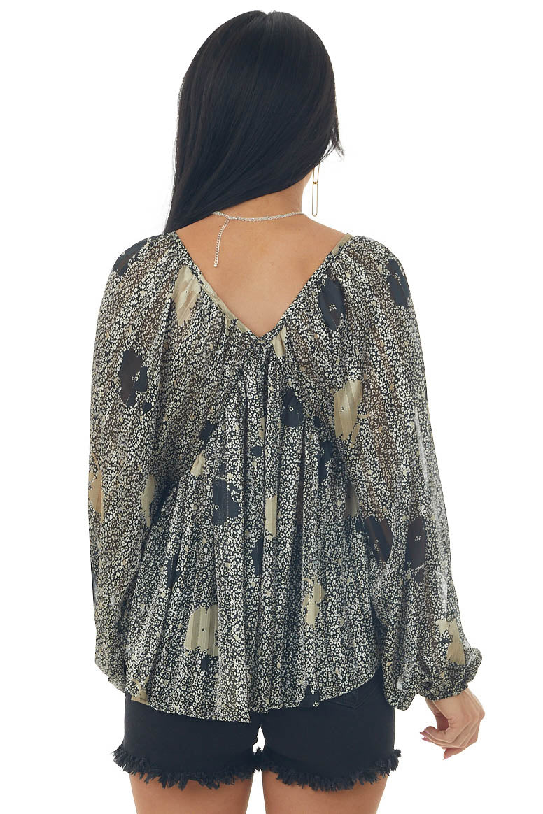 Black Printed V Neck Babydoll Chiffon Blouse