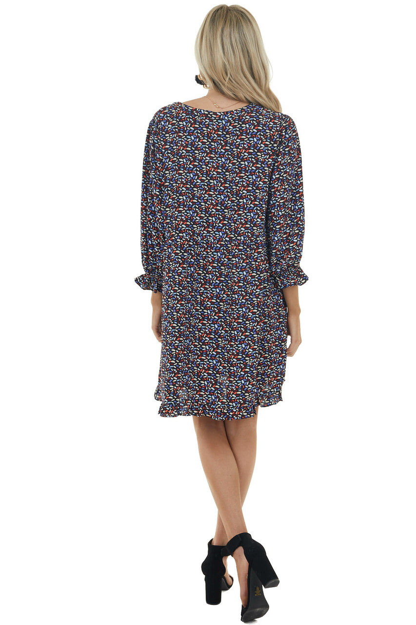 Black Printed Woven Short Dress with 3/4 Bubble Sleeves