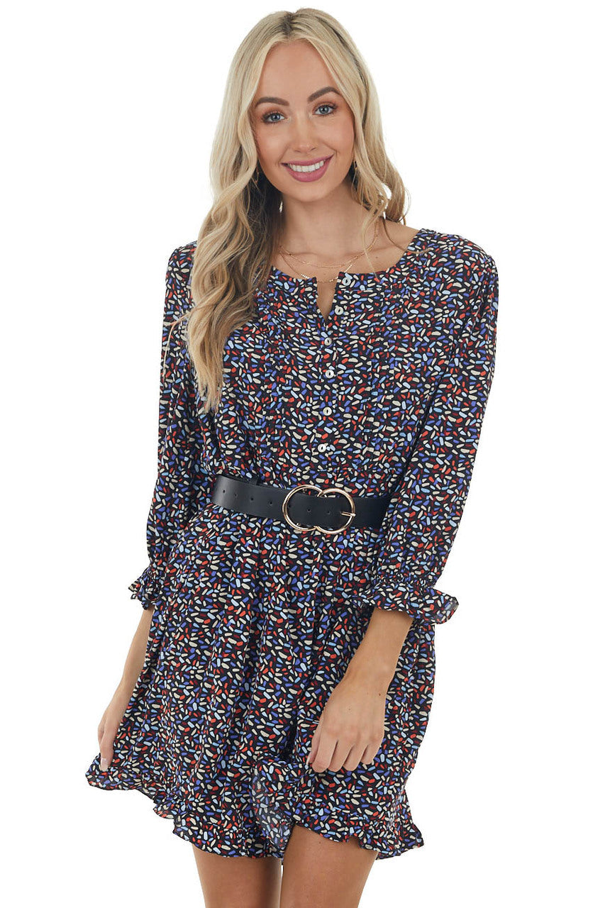 Black Printed Woven Short Dress with 3/4 Bubble Sleeves