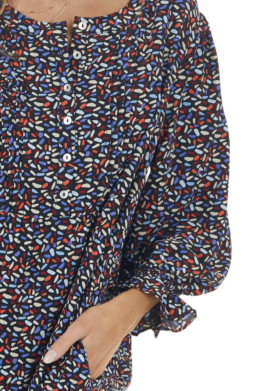 Black Printed Woven Short Dress with 3/4 Bubble Sleeves