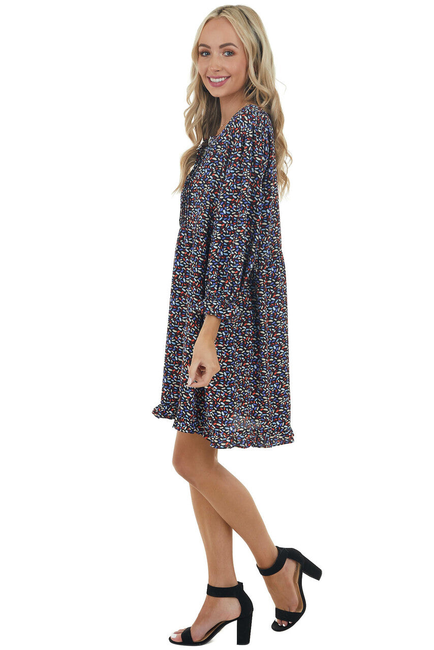 Black Printed Woven Short Dress with 3/4 Bubble Sleeves