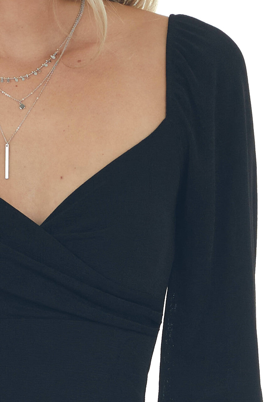 Black Puff Sleeve Surplice Neck Bodycon Dress