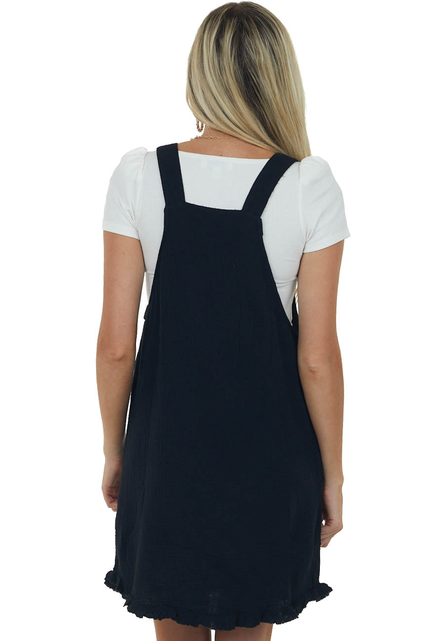 Black Raw Hem Gauze Woven Overall Short Dress
