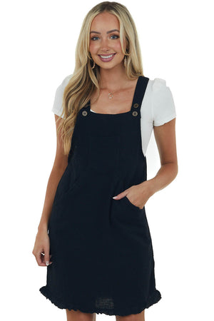 Black Raw Hem Gauze Woven Overall Short Dress