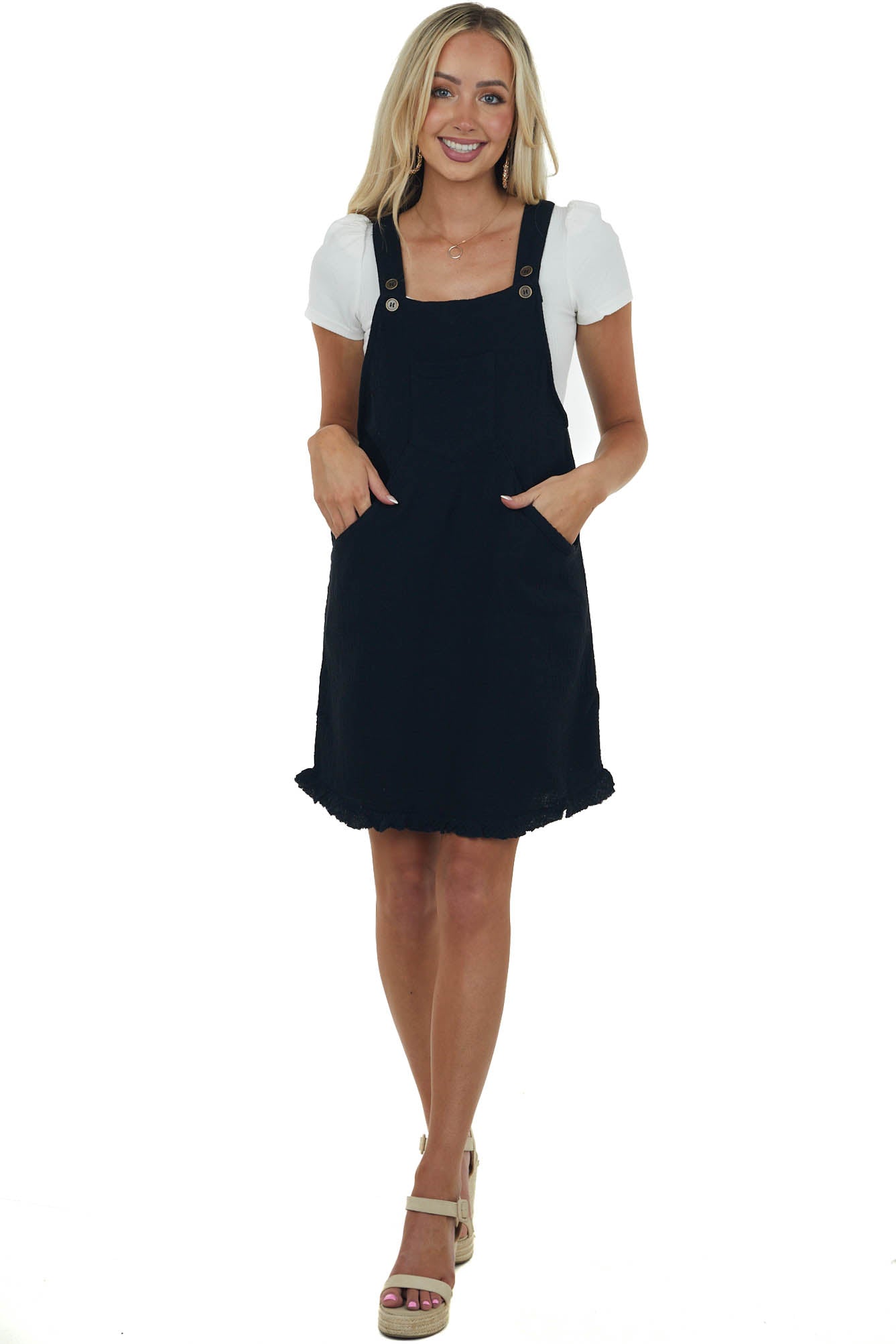 Black Raw Hem Gauze Woven Overall Short Dress